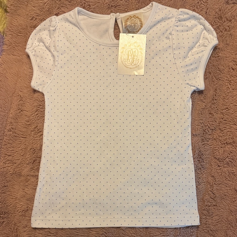 The Beaufort Bonnet Company White & Periwinkle Polka Dot Top.